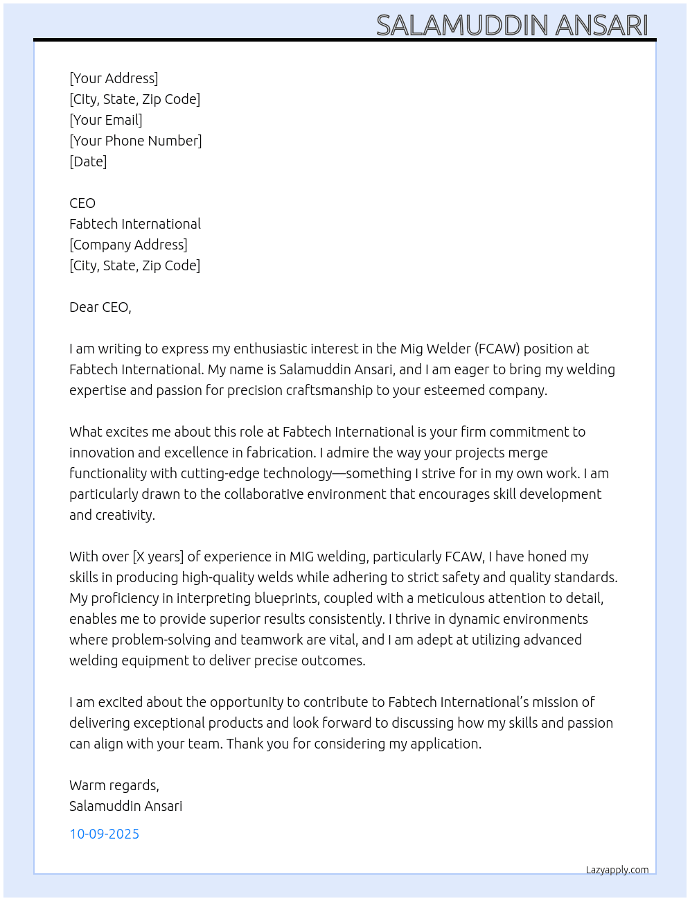 Mig welder fcaw  At Fabtech international  Cover Letter
