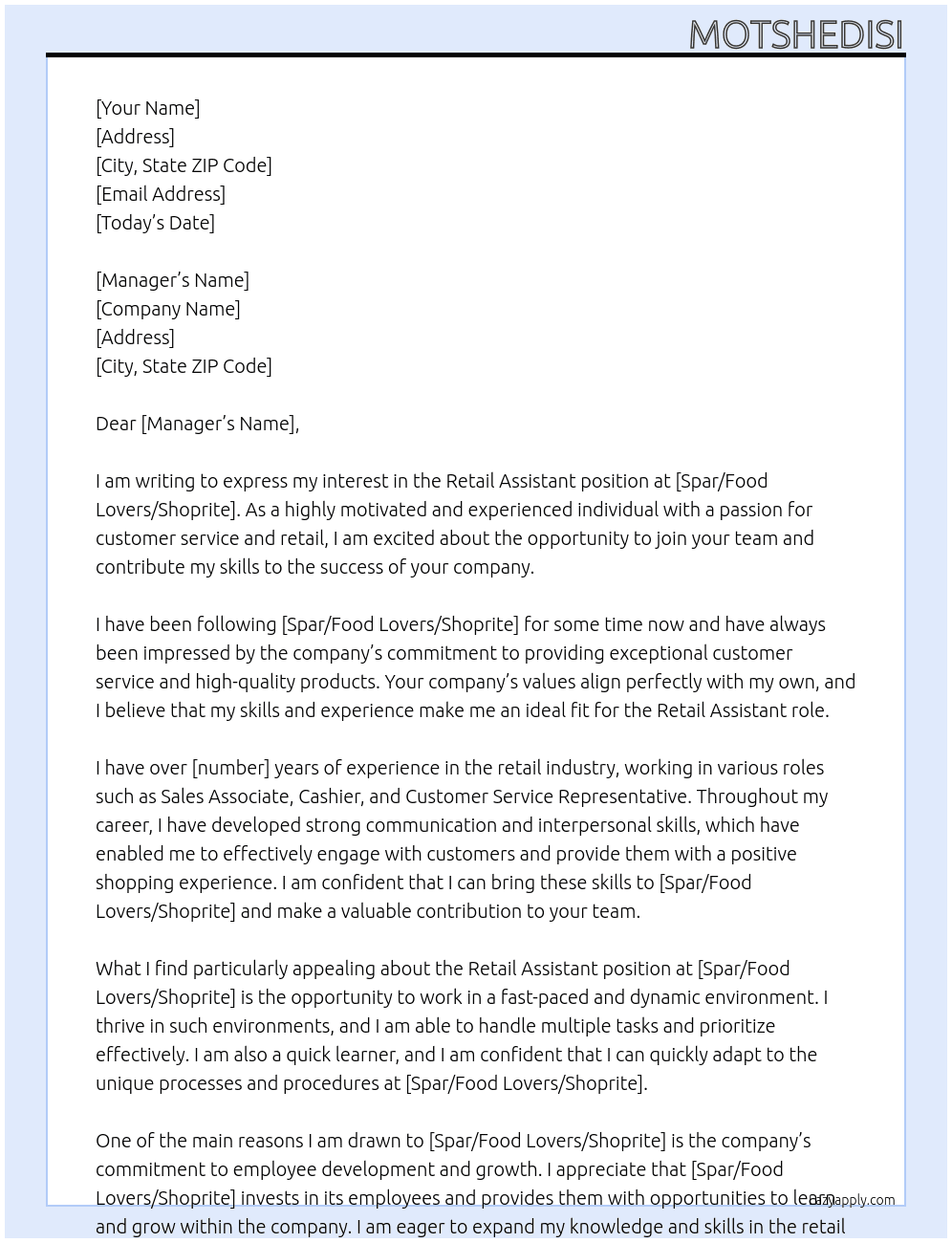 retail assisstant At spar/food lovers/shoprite Cover Letter