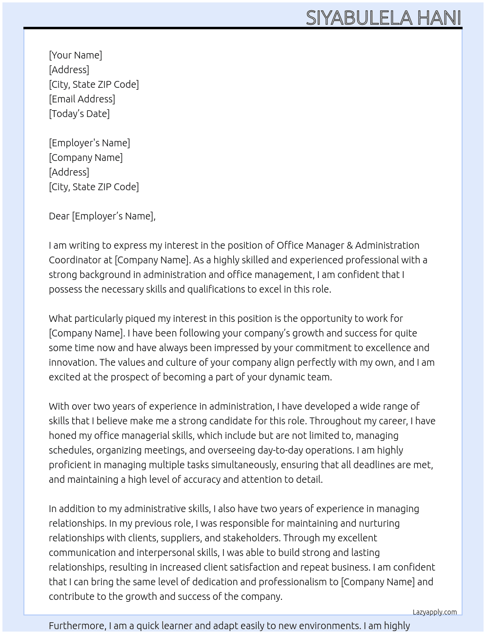 Cover letter for office manager & administration coordinator - LazyApply