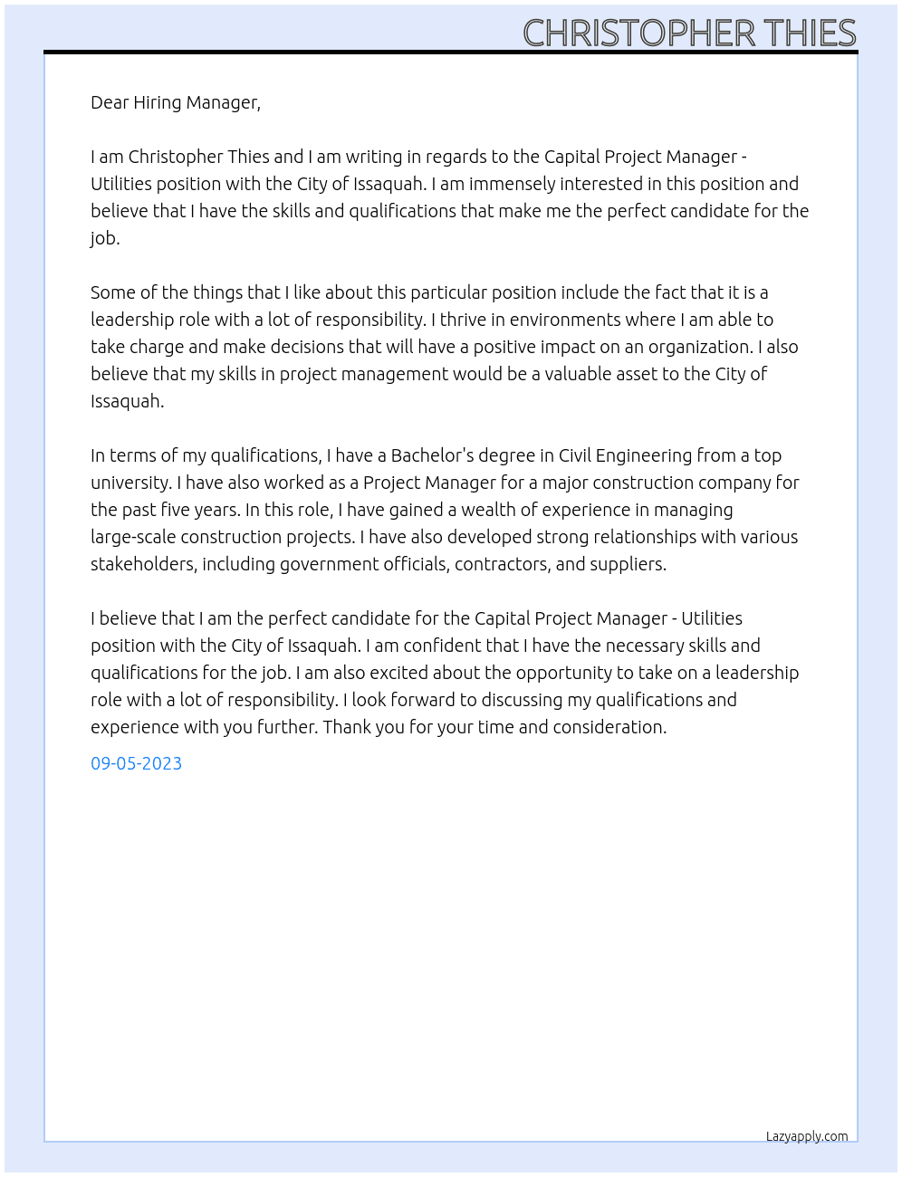Capital Project Manager - Utilities At City of Issaquah Cover Letter