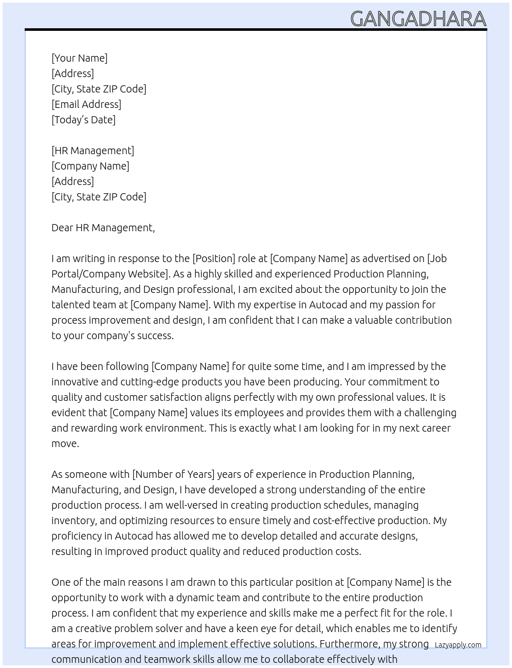 Production planning, manufacturing and design  At Sensar  Cover Letter
