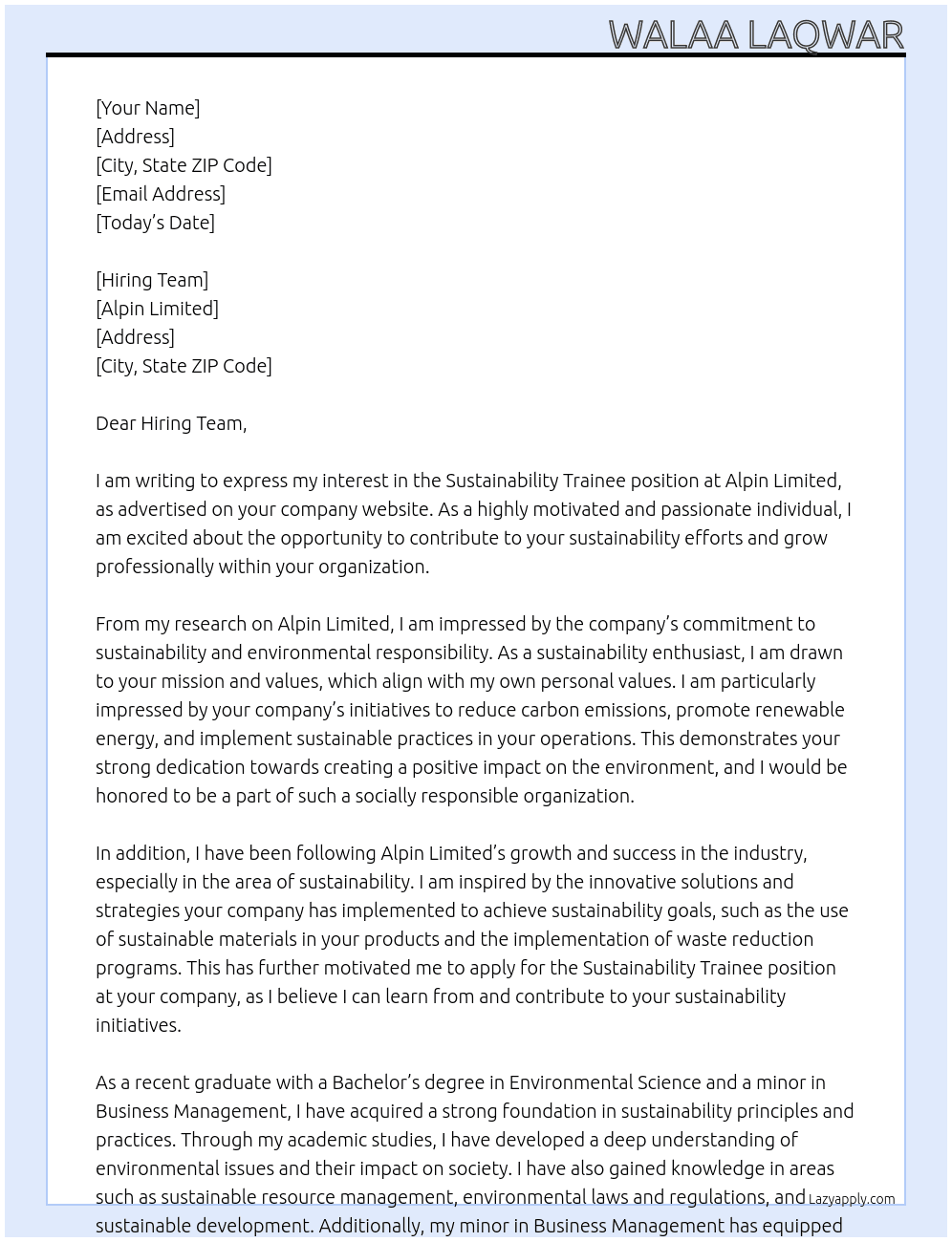 Sustainability trianeee At Alpin Limited  Cover Letter