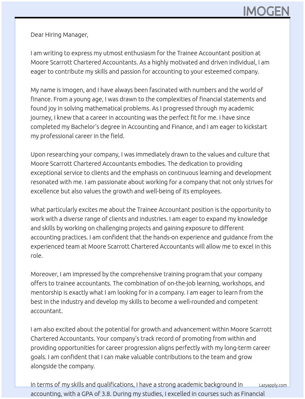 Trainee accountant At Moore scarrott chartered accountants Cover Letter