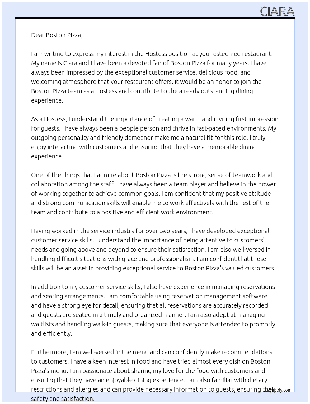 Hostess At Boston Pizza Cover Letter