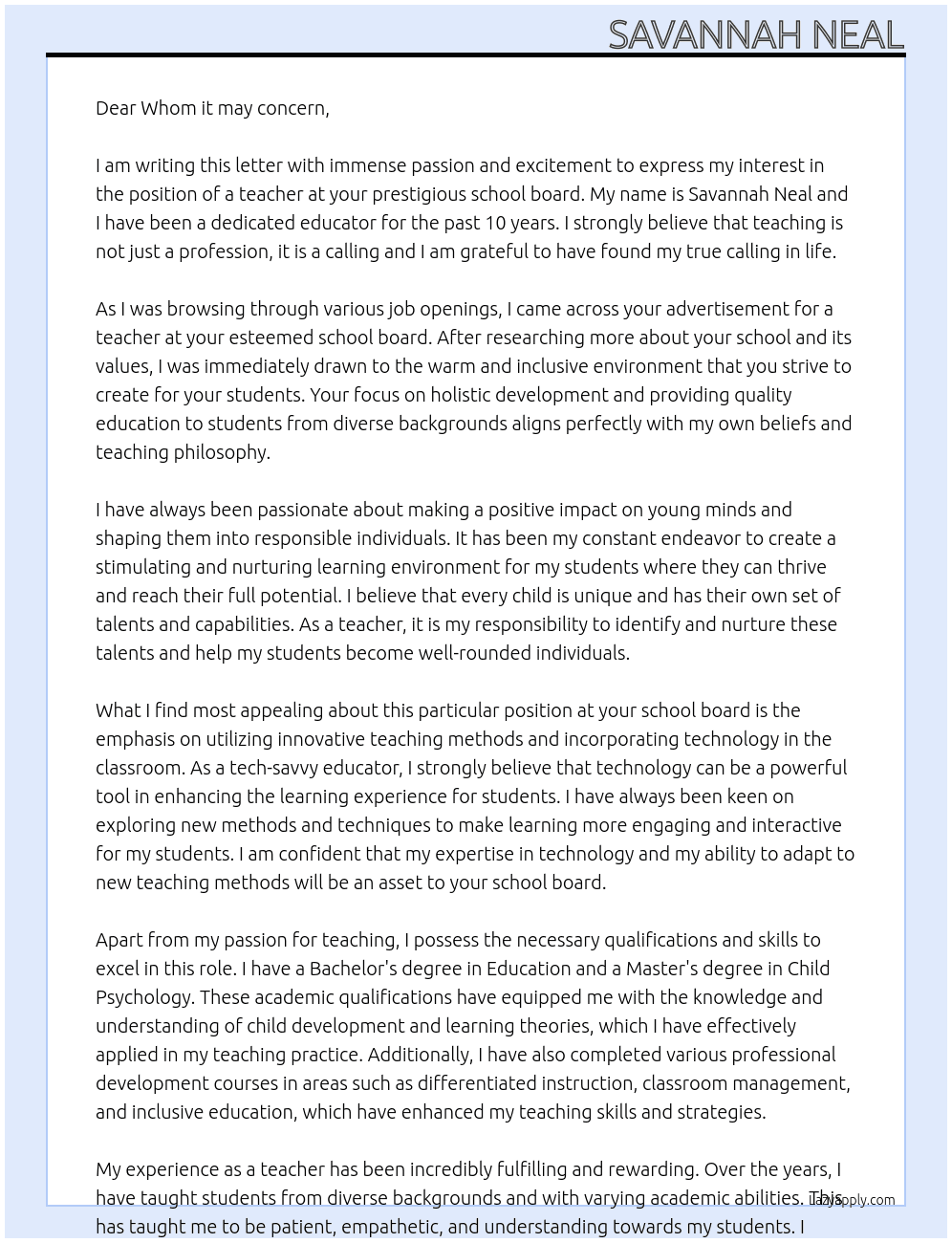 teacher At school board Cover Letter