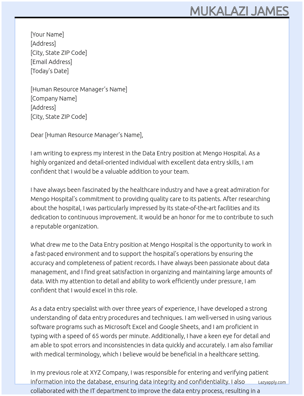 data entry At mengo hospital Cover Letter
