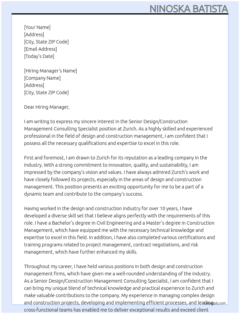 Senior Design/Construction Management Consulting Specialist At Zurich  Cover Letter