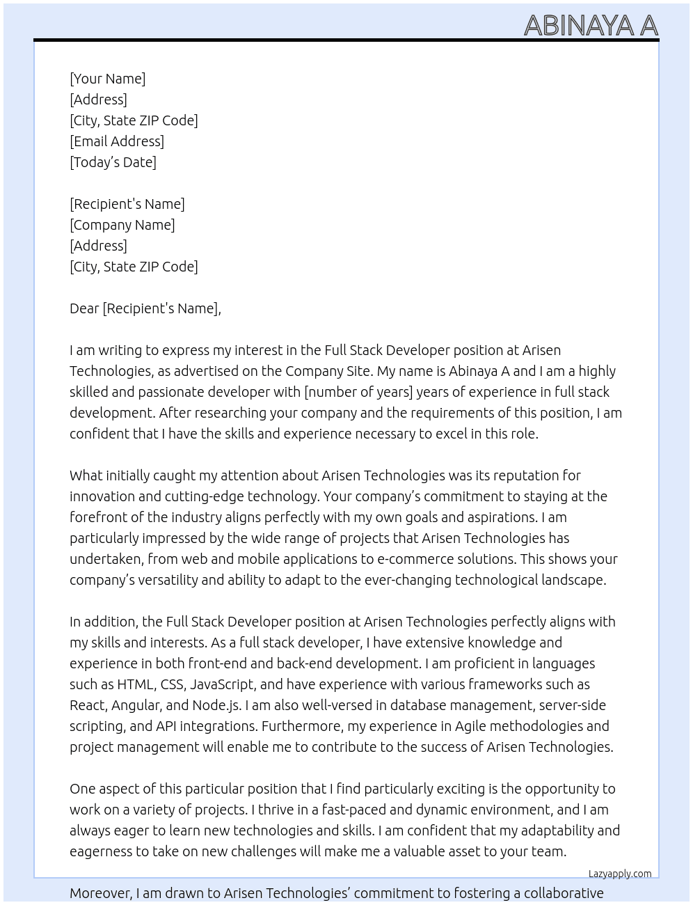 Full Stack Developer At Arisen Technolgies Cover Letter