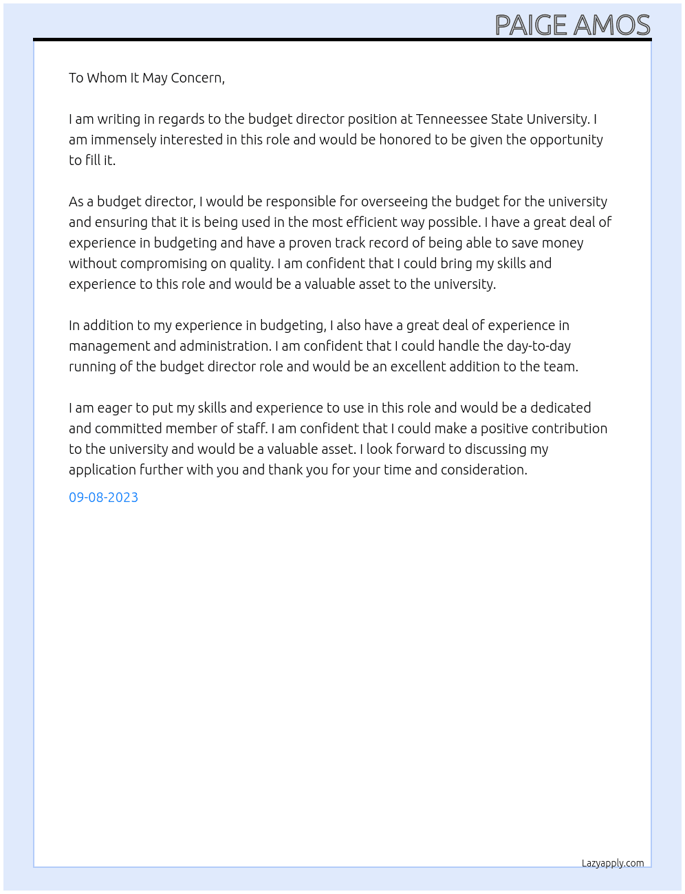 budget director At Tenneessee State University Cover Letter