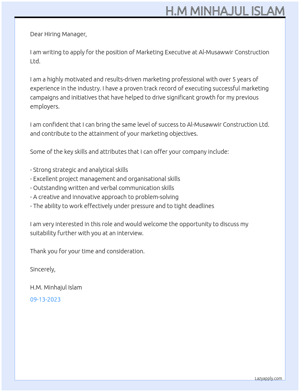 Marketing Executive At Al-Musawwir Construction Ltd Cover Letter