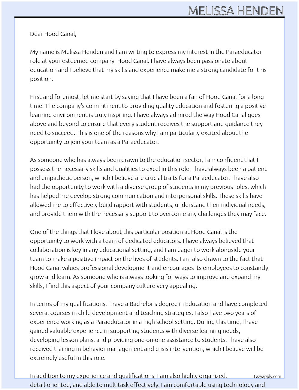Paraeducator At Hood Canal Cover Letter
