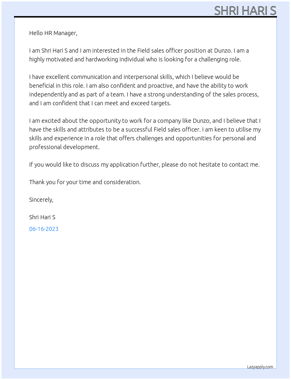 Field sales officer  At Dunzo Cover Letter