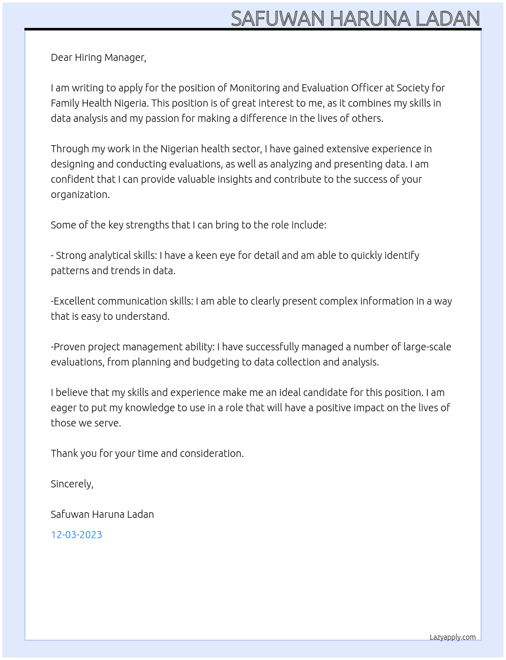 Monitoring and evaluation At Society for family Health Nigeria Cover Letter