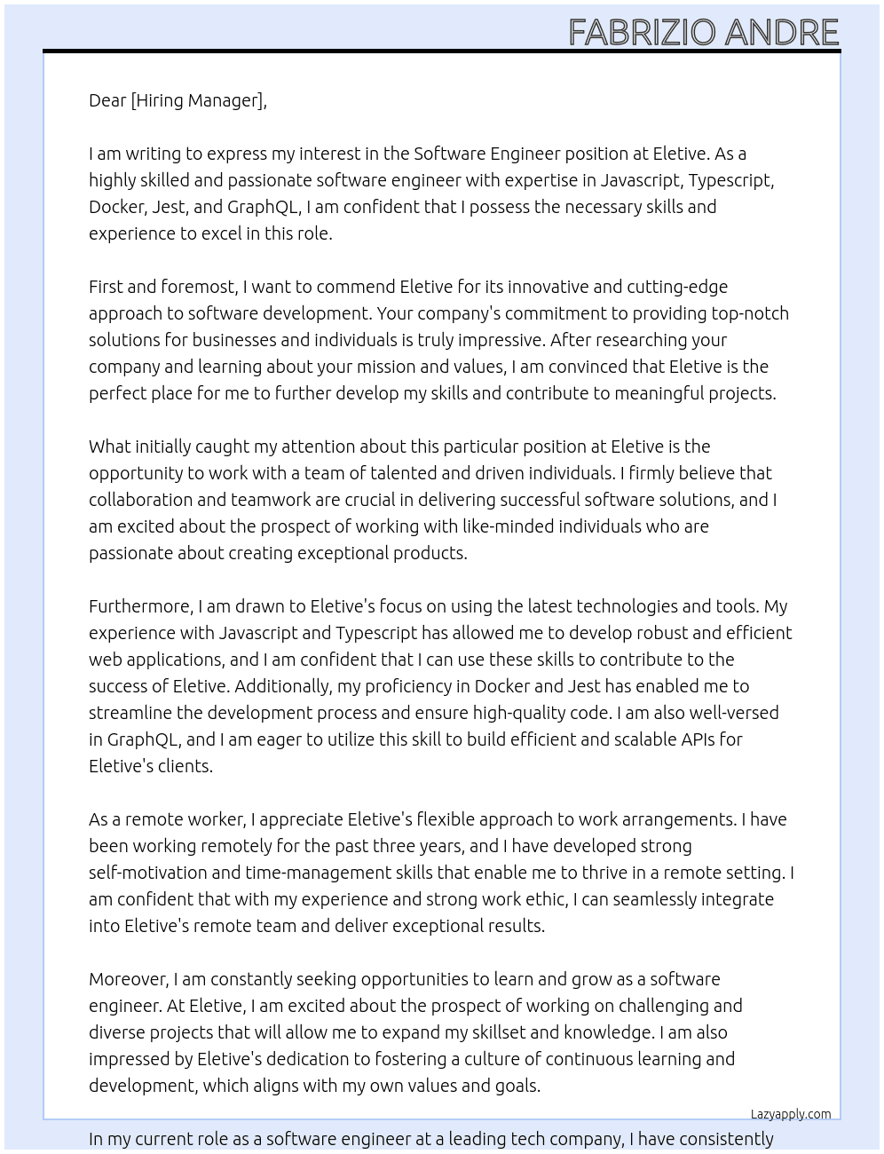 Software engineer At Eletive Cover Letter