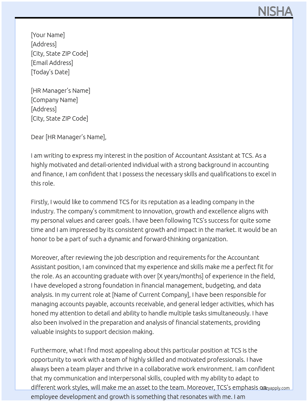 Accountant assistant  At TCS Cover Letter