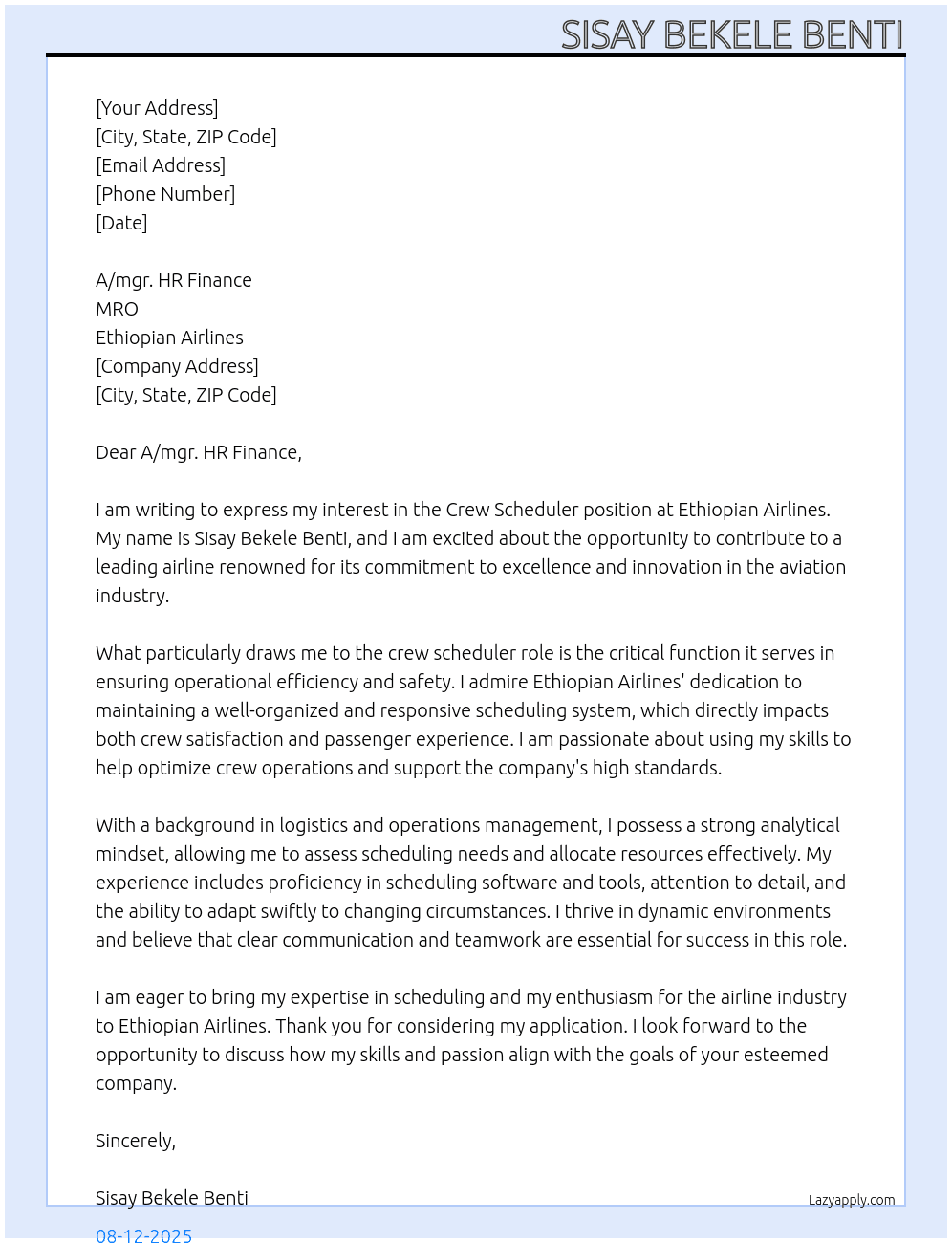 Cover letter for crew scheduler - LazyApply