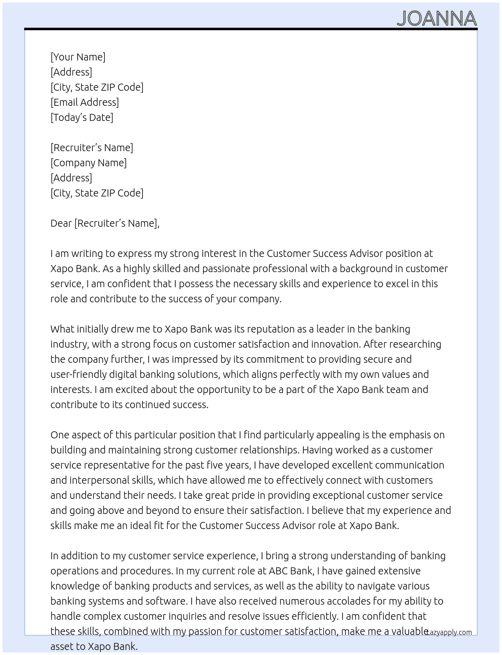 Customer Success advisor At xapo bank Cover Letter
