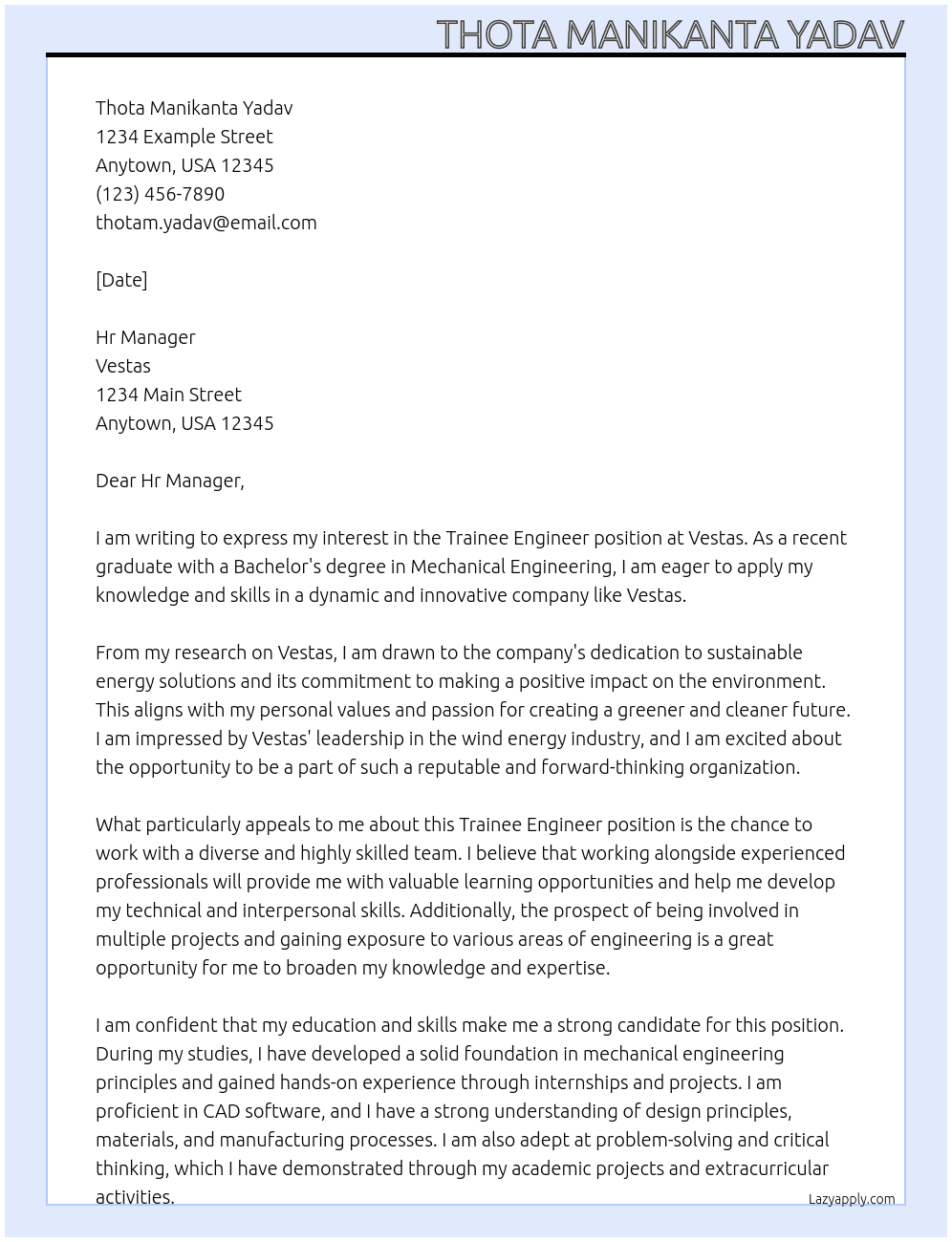 Trainee Engineer At Vestas Cover Letter