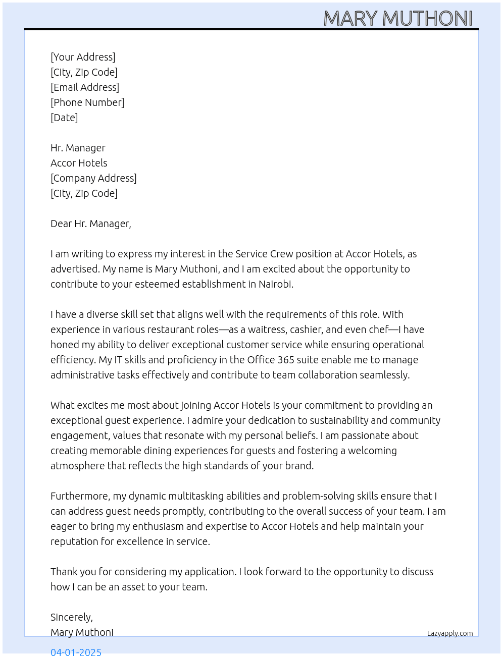 Service crew  At Accor hotels Cover Letter