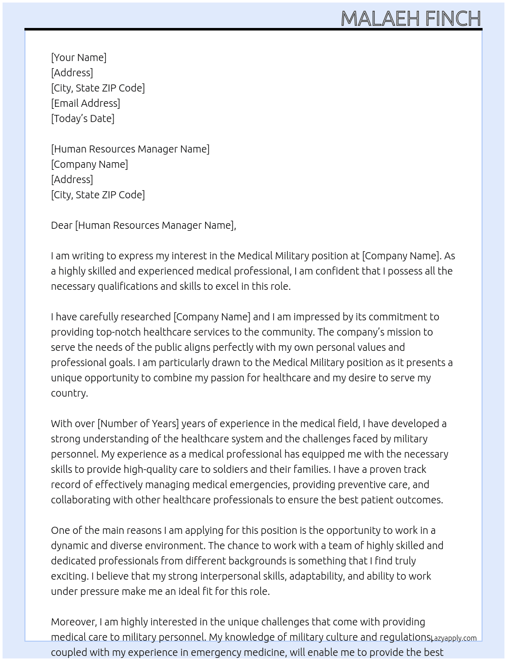 Medical Mitiltary At Goverment Cover Letter
