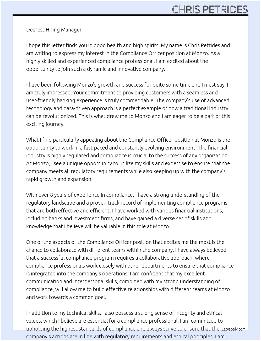 Compliance Officer At Monzo Cover Letter