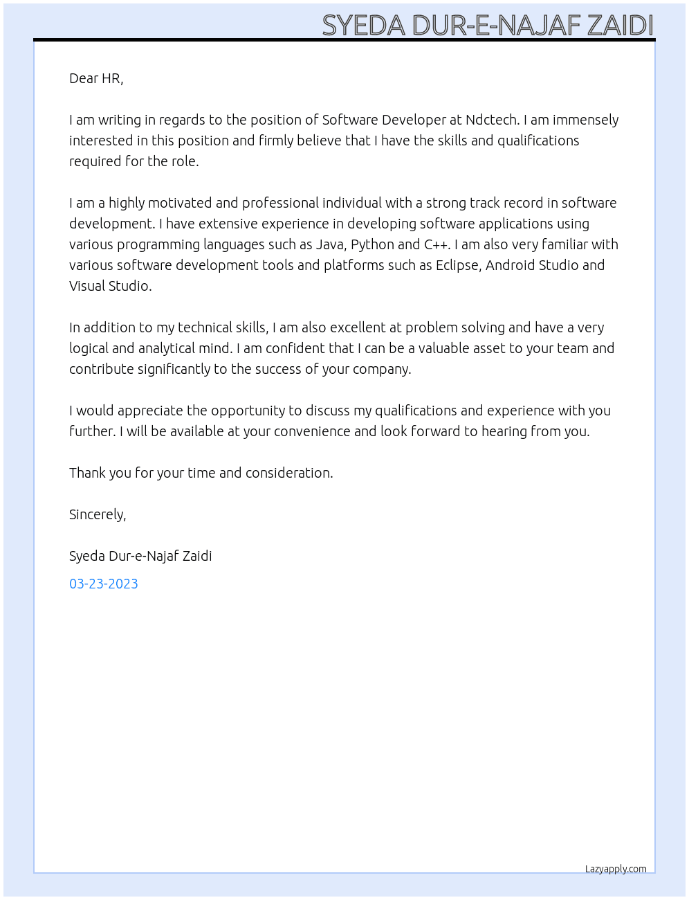 Software Developer At Ndctech Cover Letter