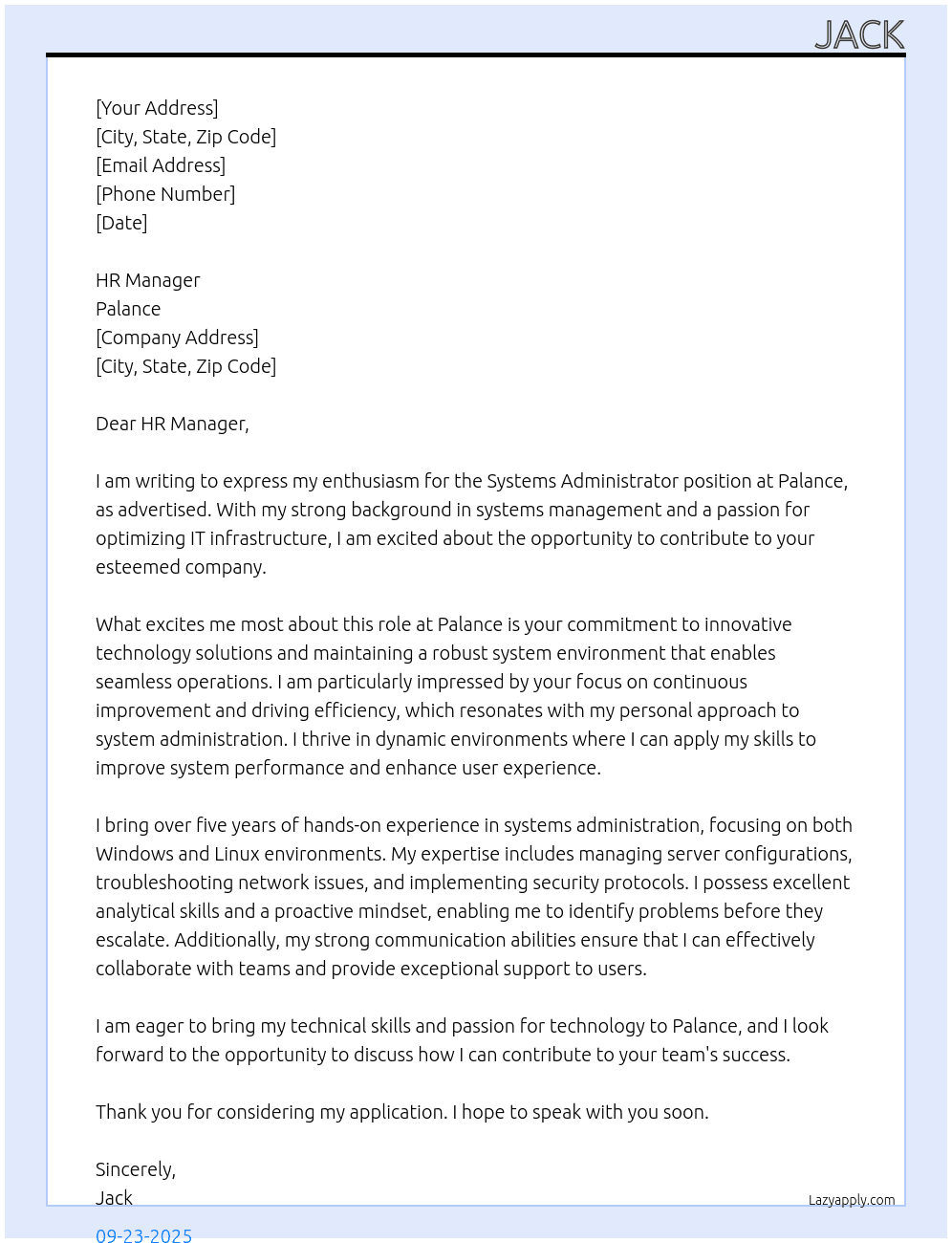 systems administrator At Palance Cover Letter