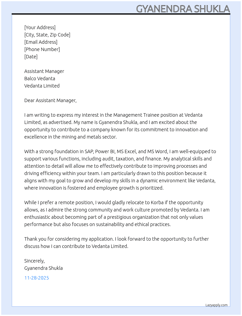 Management Trainee At Vedanta Limited Cover Letter