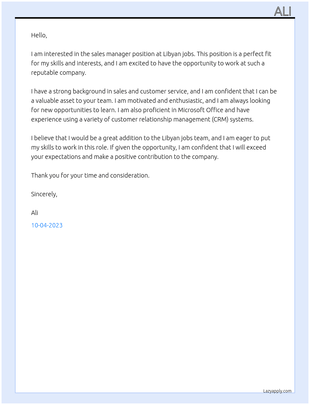 Sales manager  At Libyan jobs Cover Letter