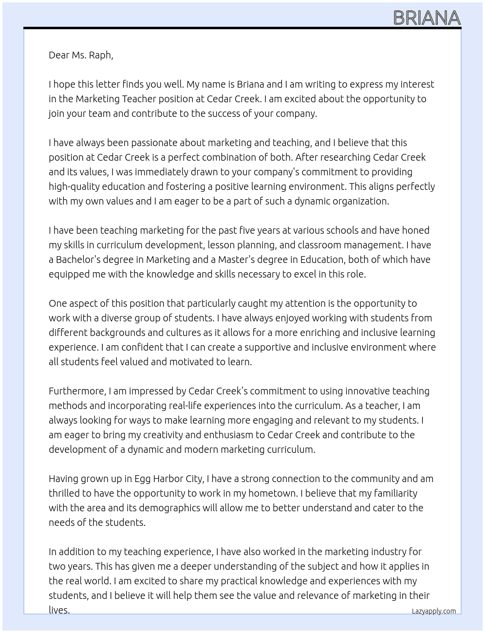 Marketing teachers  At Cedar Creek Cover Letter