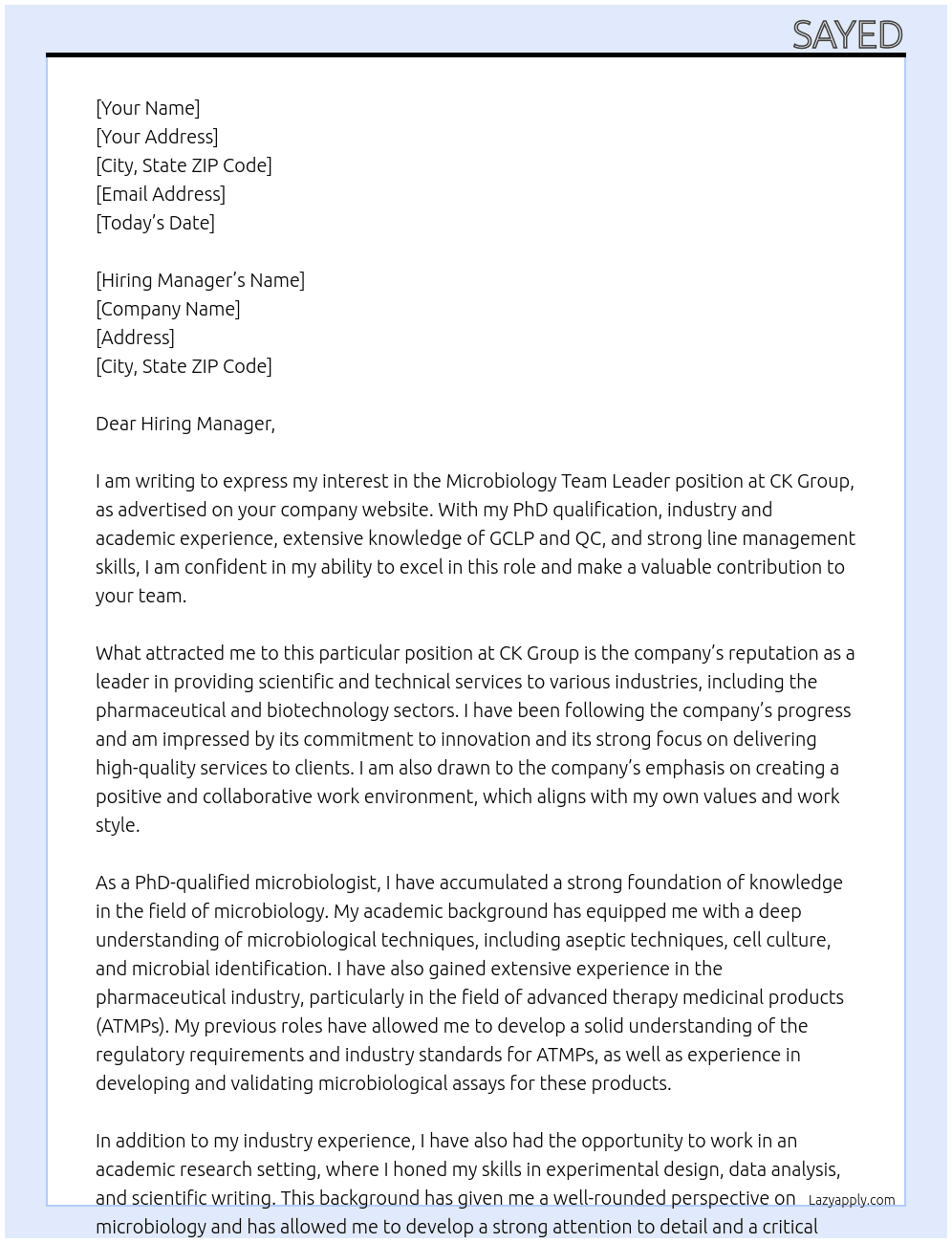 Microbiology Team Leader At CK Group  Cover Letter