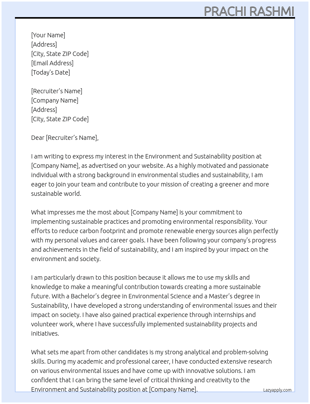 Environment and Sustainability  At Recruter Cover Letter