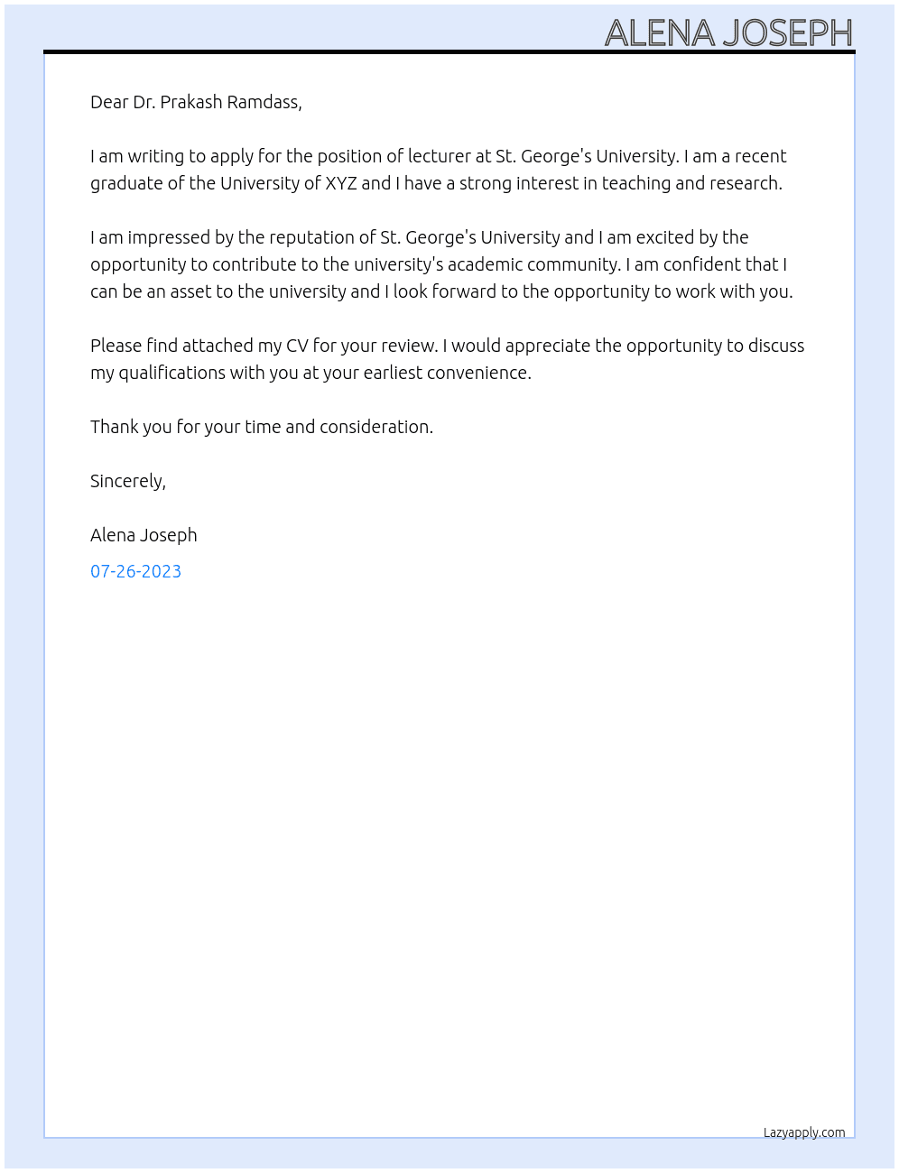 lecturer At St. George's University Cover Letter