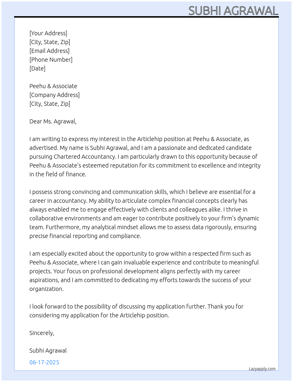 ARTICLESHIP At PEEHU & ASSOCIATE  Cover Letter