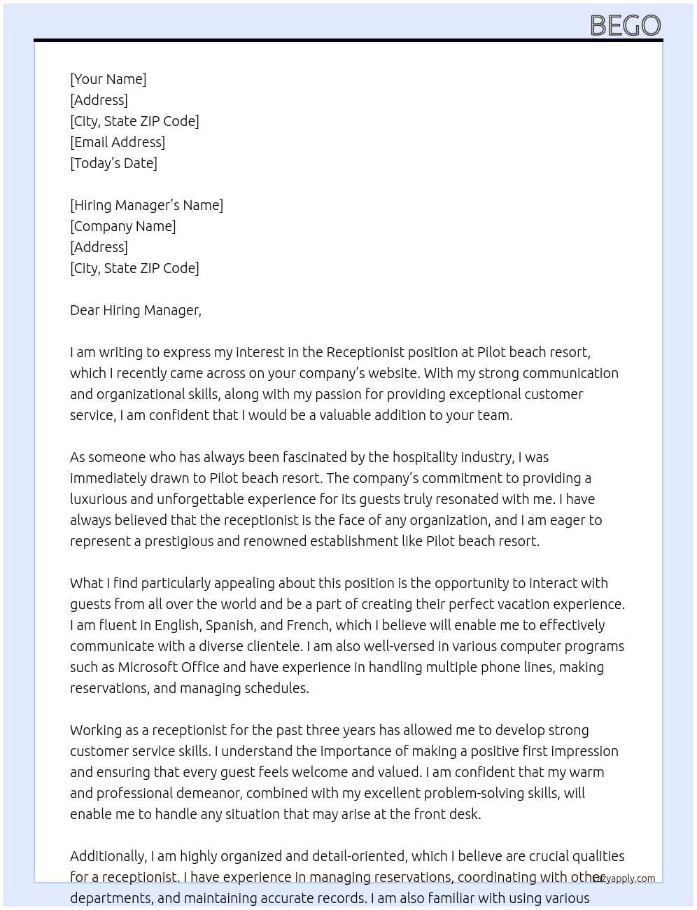 Receptionist At Pilot beach resort Cover Letter