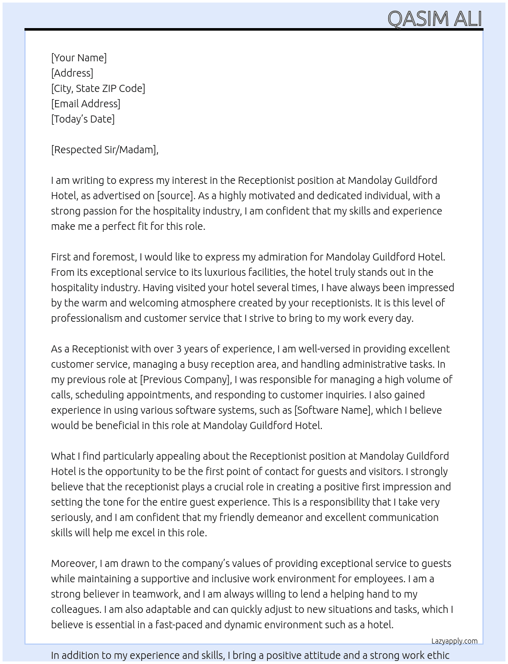 Receptionist At Mandolay Guildford Hotel Cover Letter