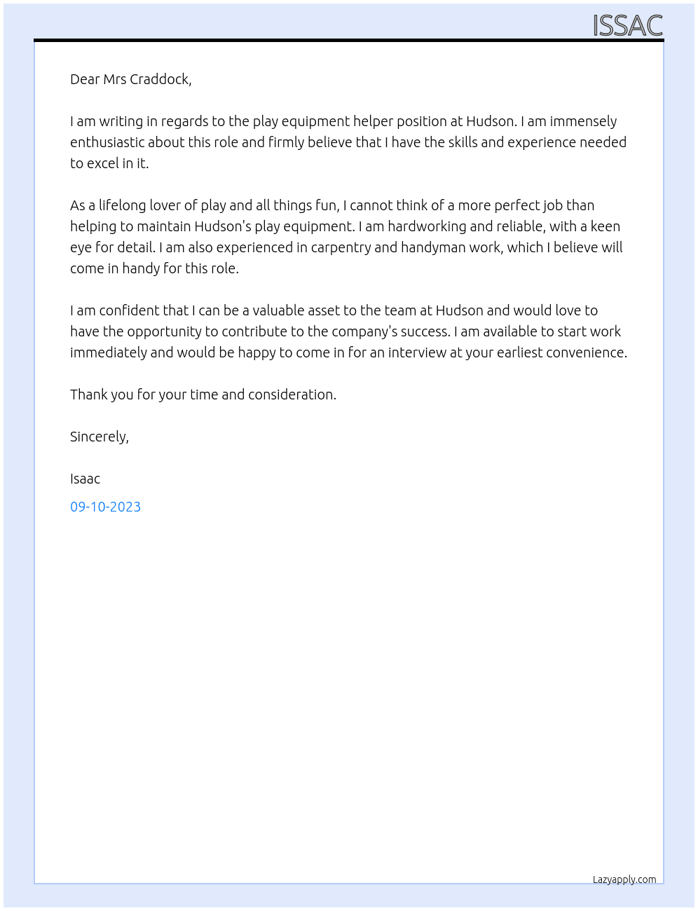 Play equipment helper At Hudson Cover Letter