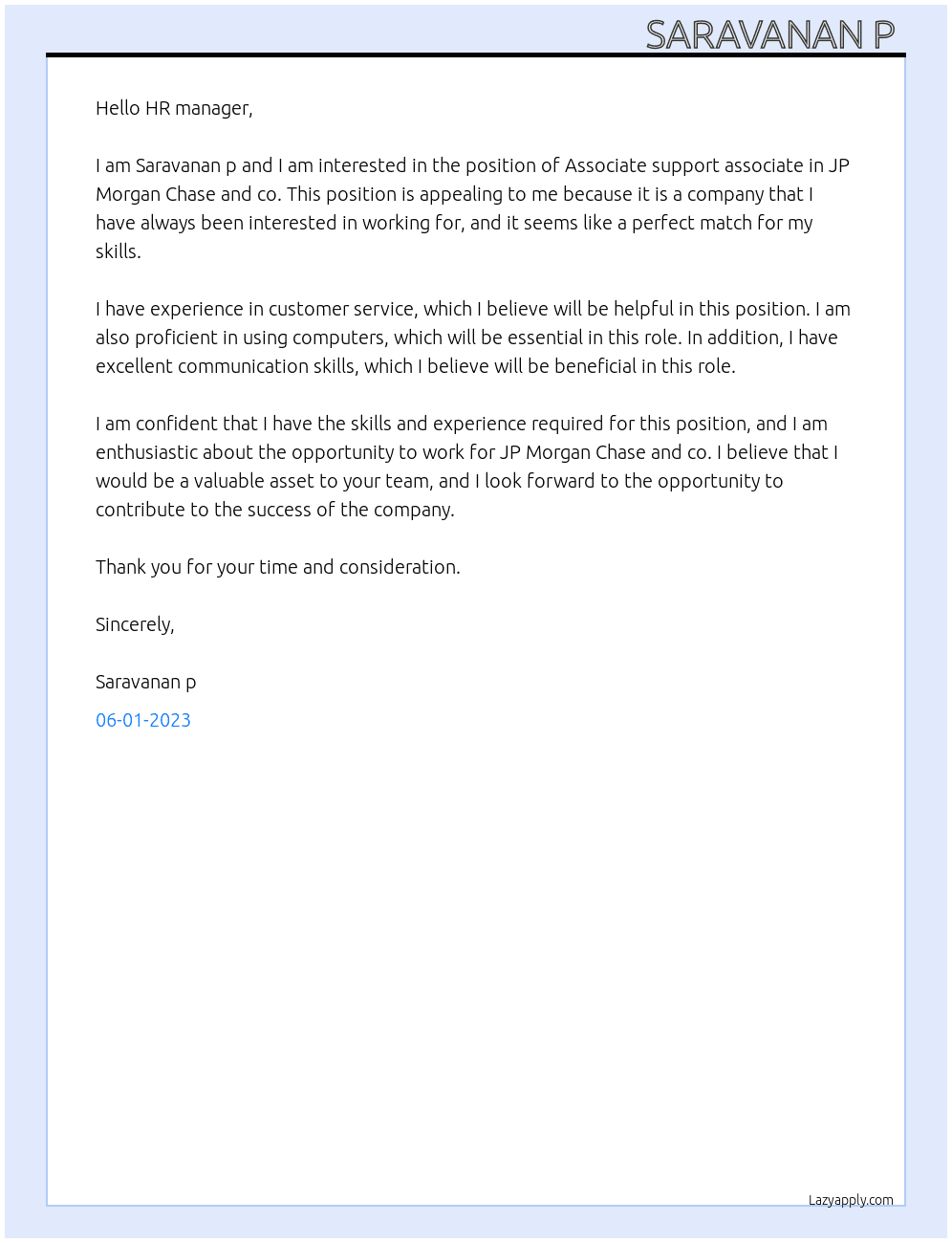 Associate support associate  At JP Morgan Chase and co Cover Letter