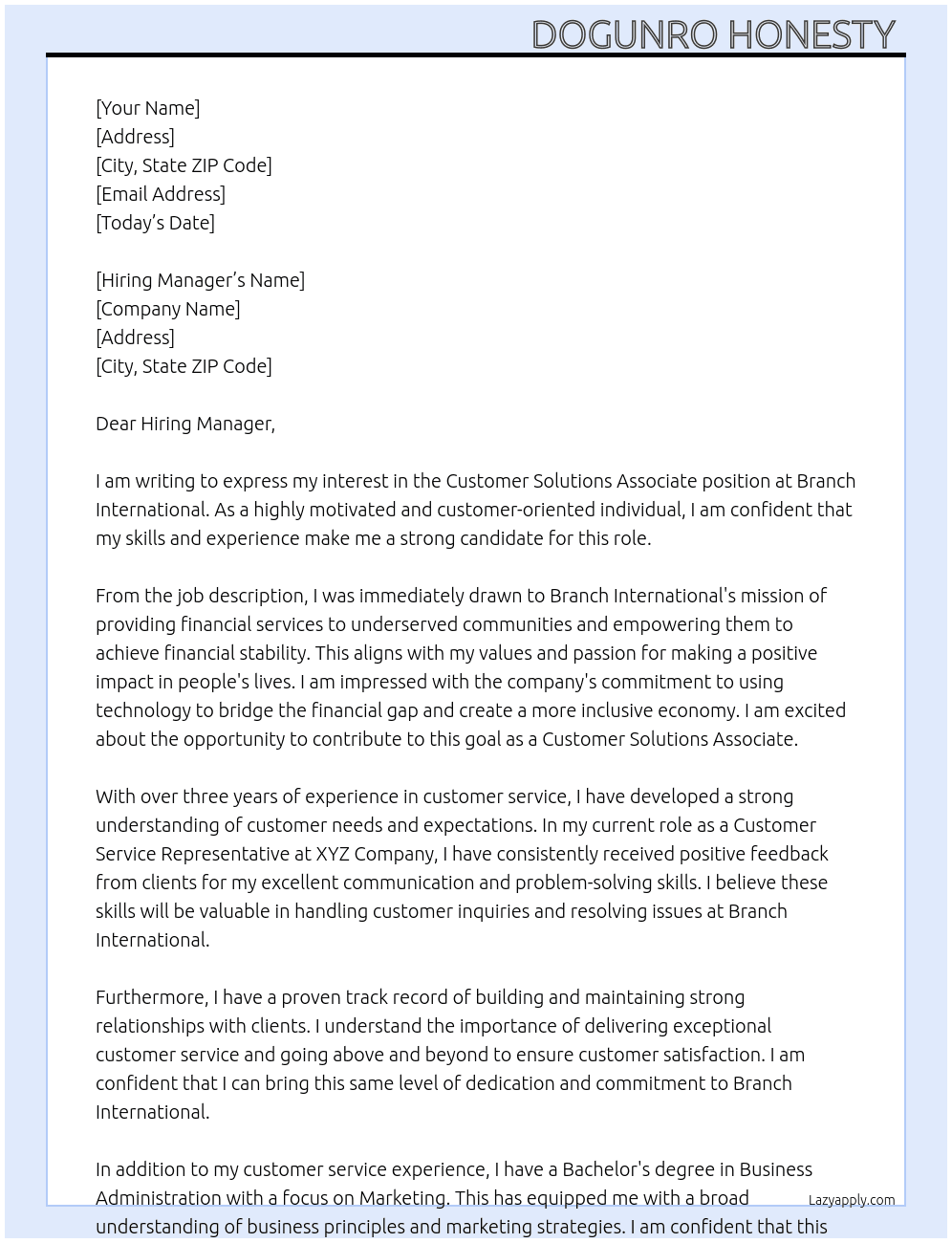 Customer Solutions Associate At Branch International Cover Letter