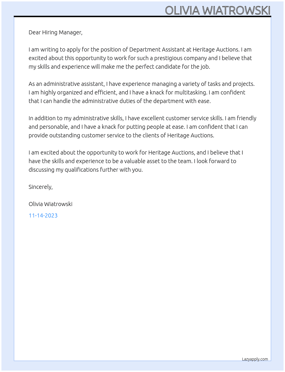 Department Assistant At Heritage Auctions Cover Letter