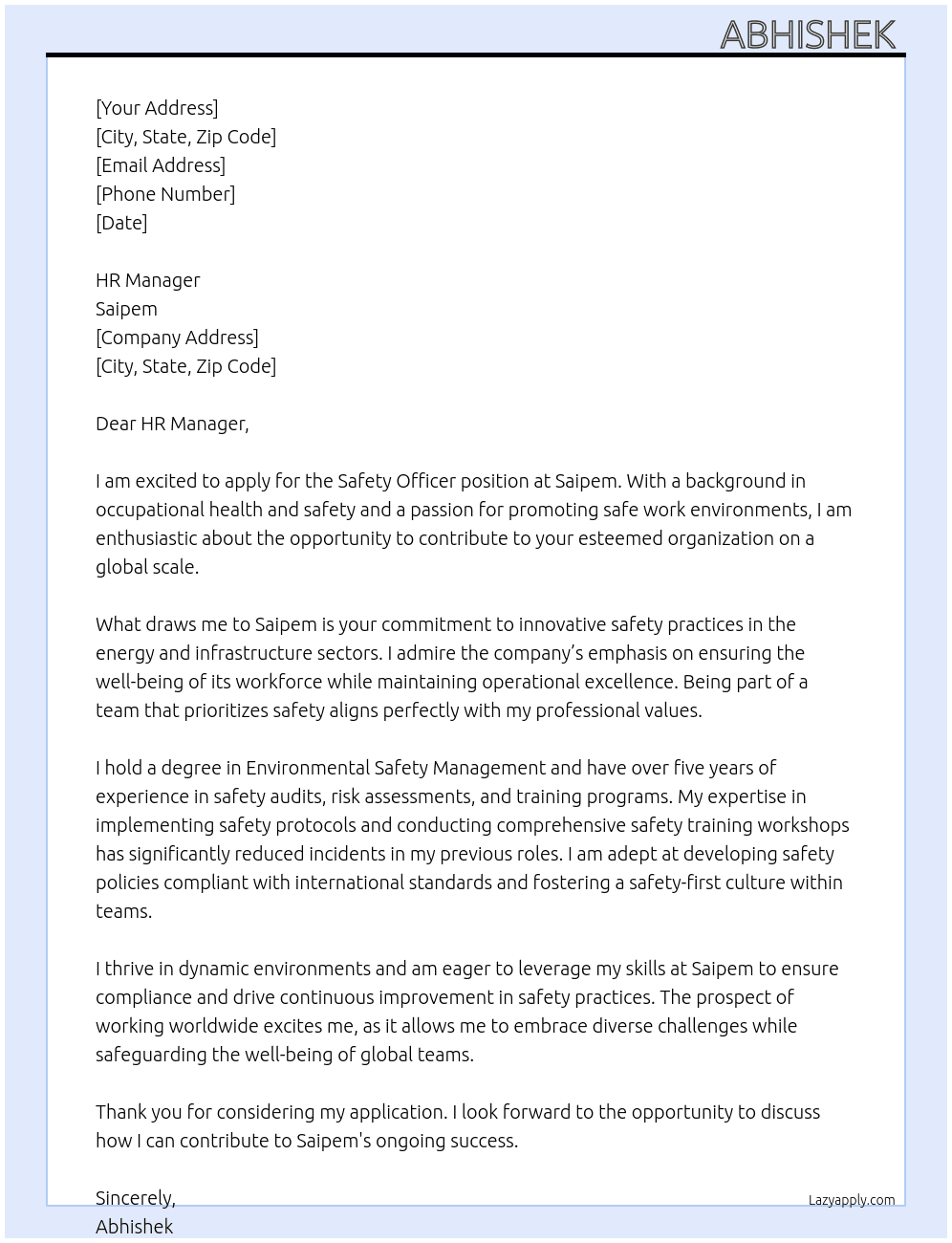 Safety Officer At Saipem Cover Letter