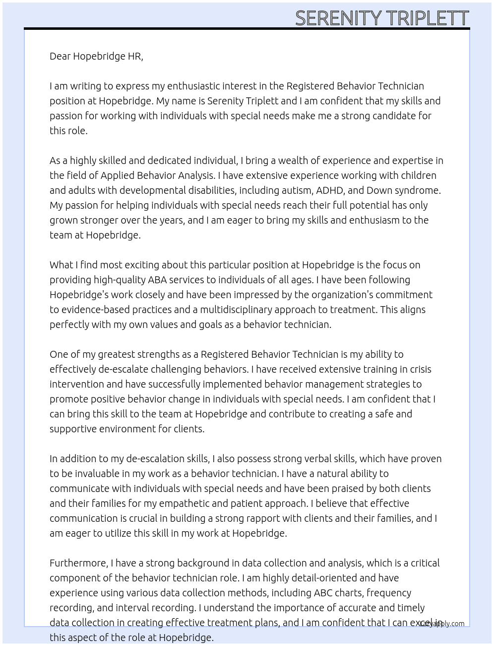 Registered Behavior Technician At Hopebridge Cover Letter