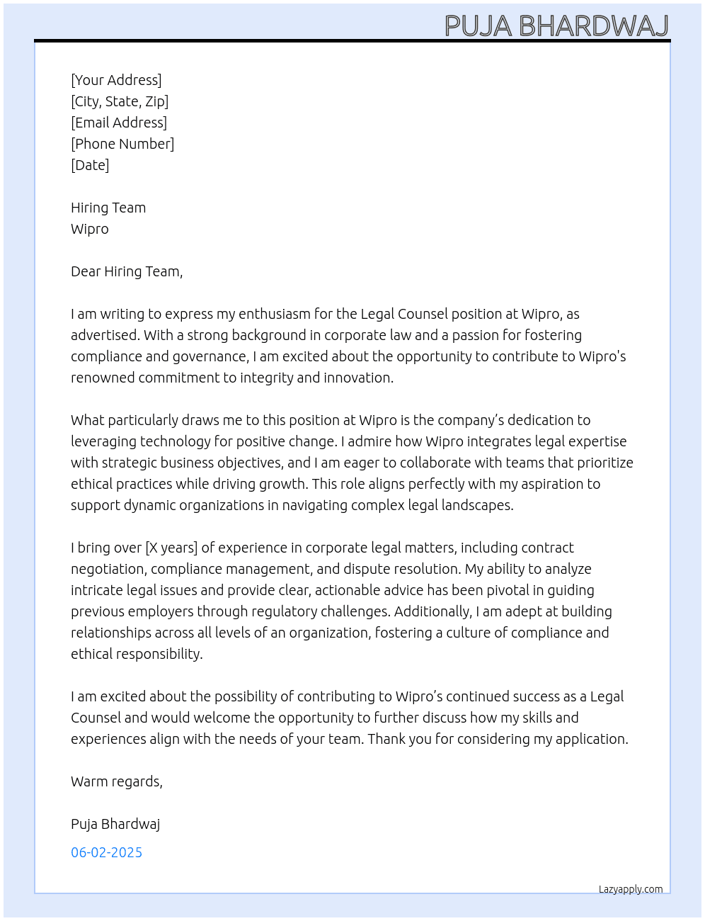 Legal Counsel At Wipro Cover Letter