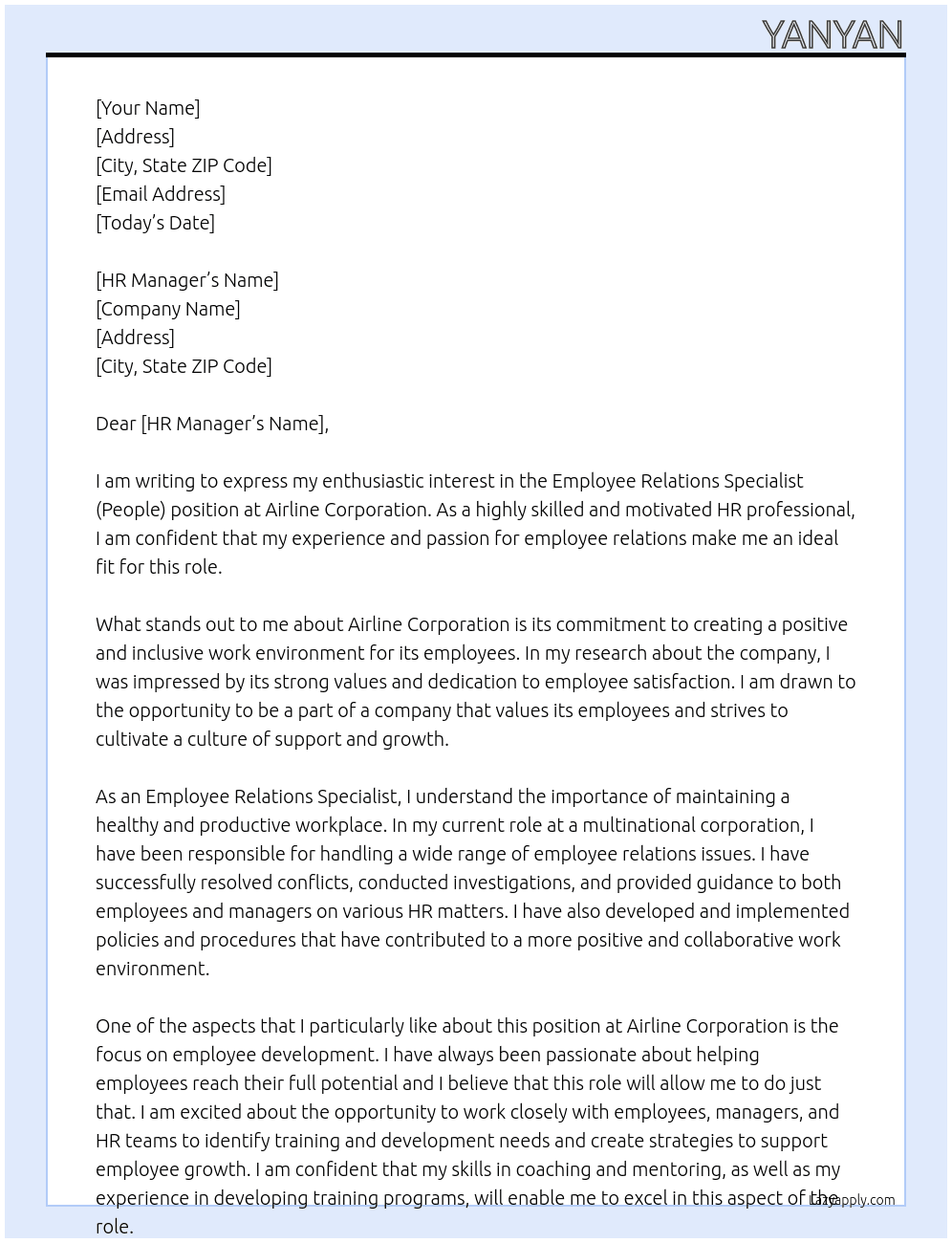 Employee Relations Specialist (People) At Airline Corporation Cover Letter