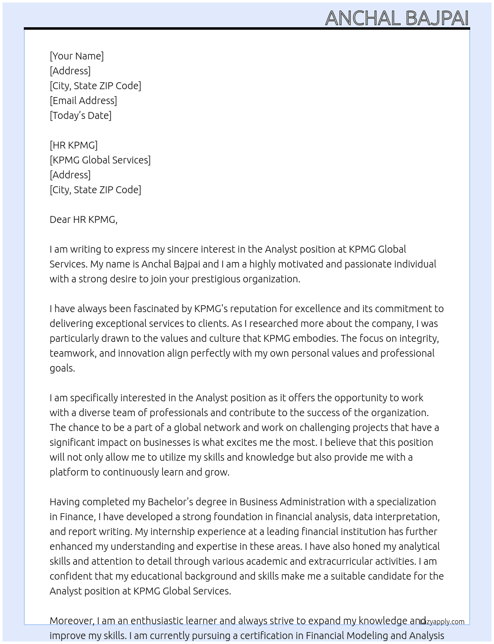 ANALYST At KPMG GLOBAL SERVICES Cover Letter