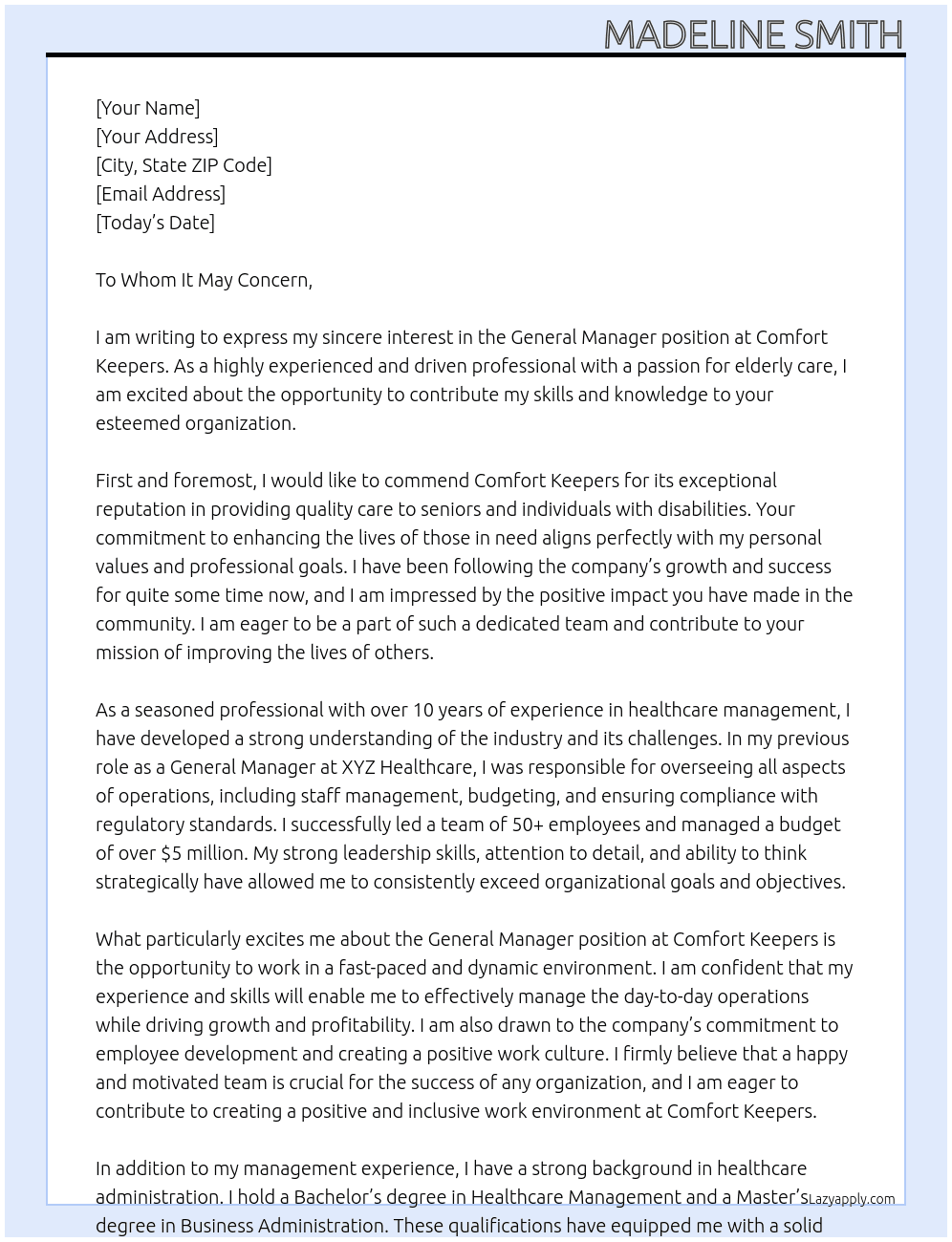 general manager At Comfort Keepers Cover Letter