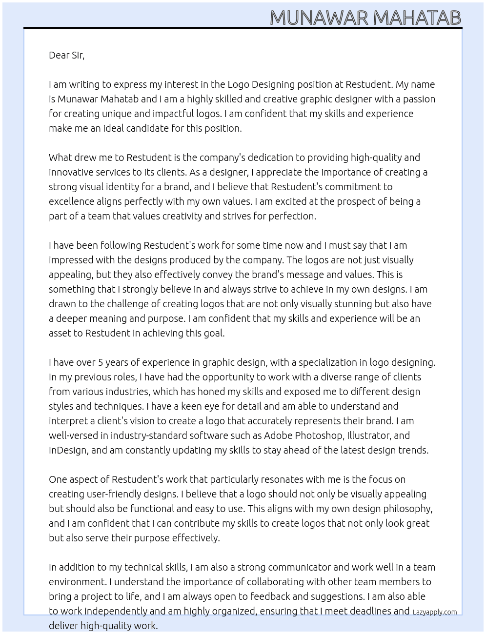 Logo Designing At restudent Cover Letter
