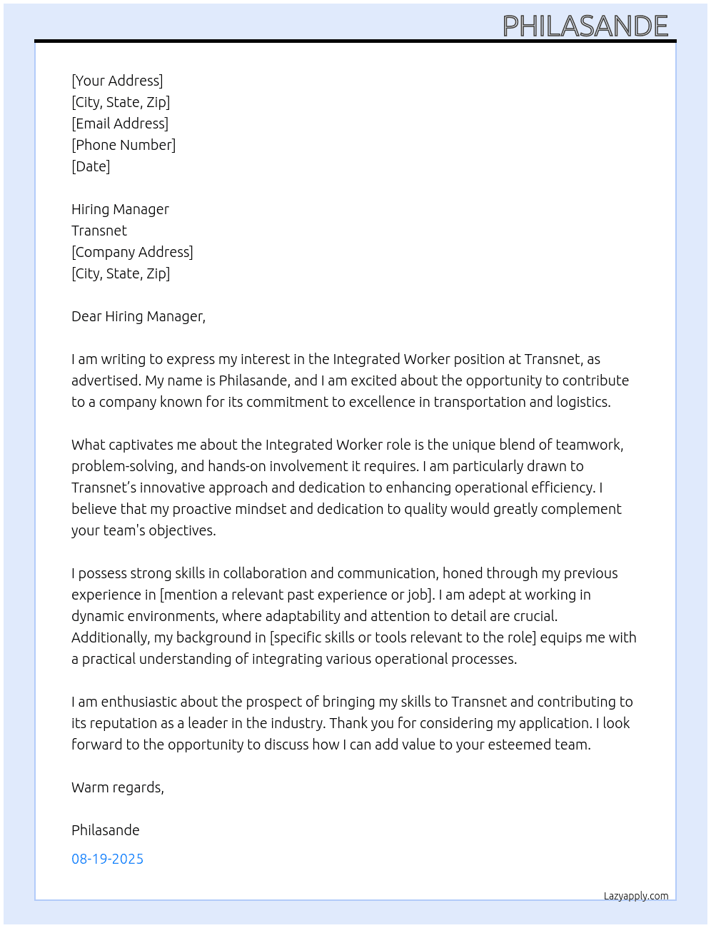 Cover letter for integrated worker - LazyApply