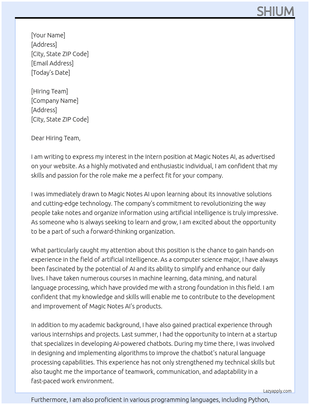 Intern At Magic Notes AI Cover Letter