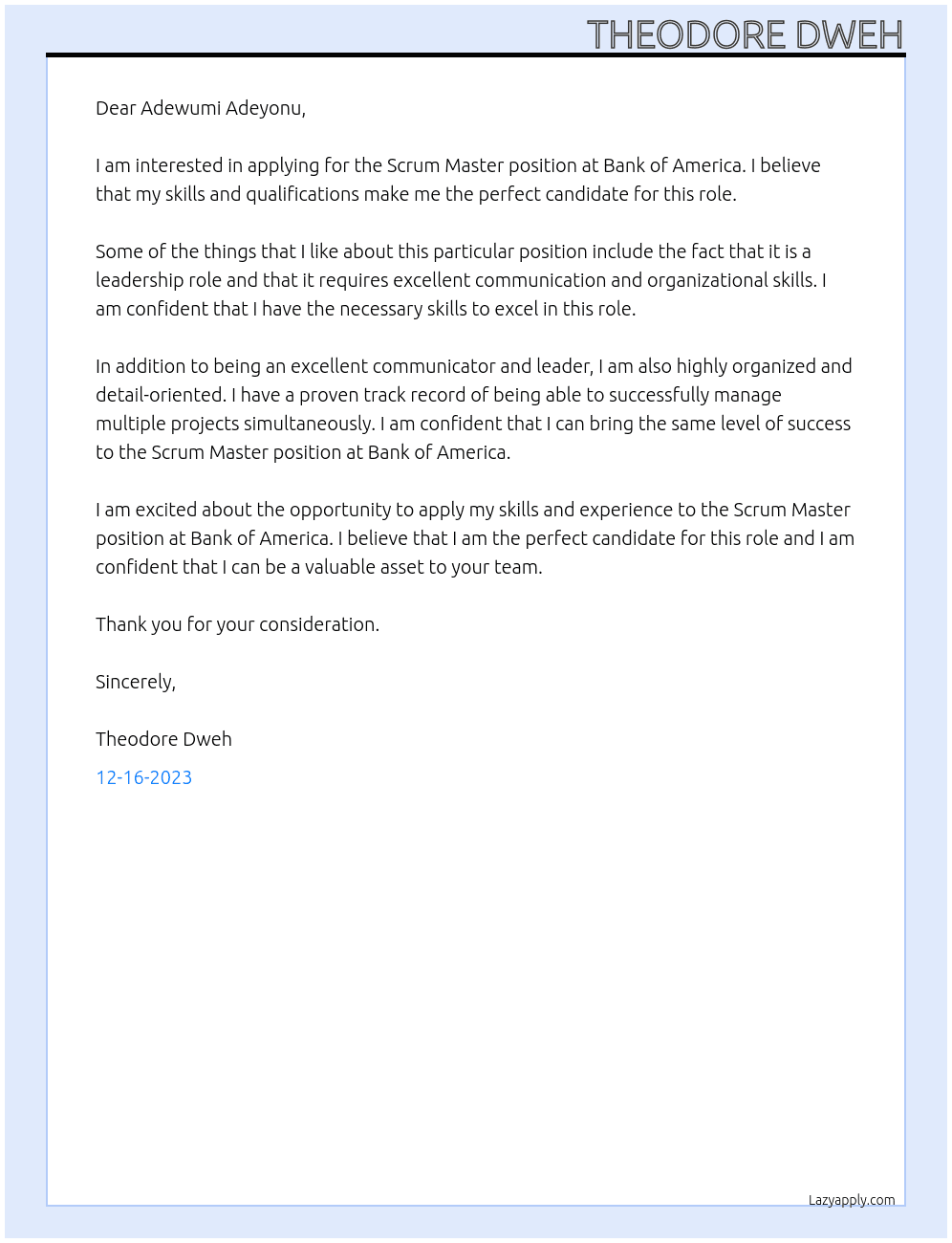 Scrum Master At bank of america Cover Letter